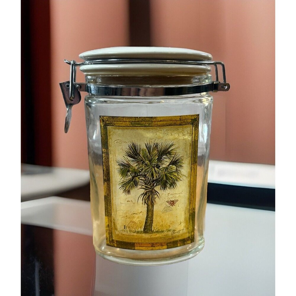 Cypress Home Palm Tree Clear Glass Canister Barnett White hinged lid 8.5” Tall